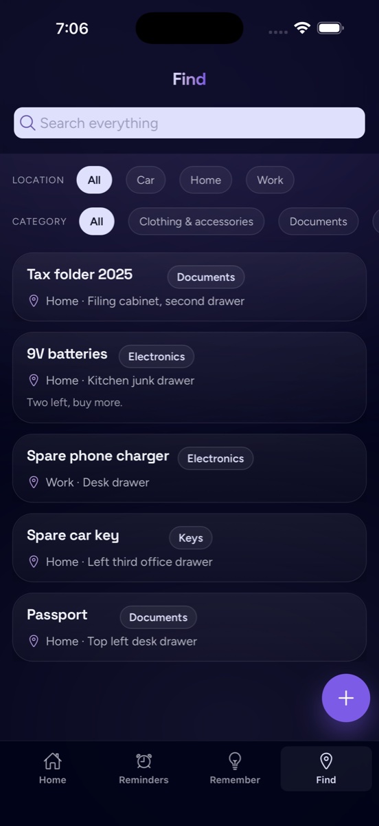 The Find screen: a searchable list of items with where each one is, like the passport in the top left desk drawer