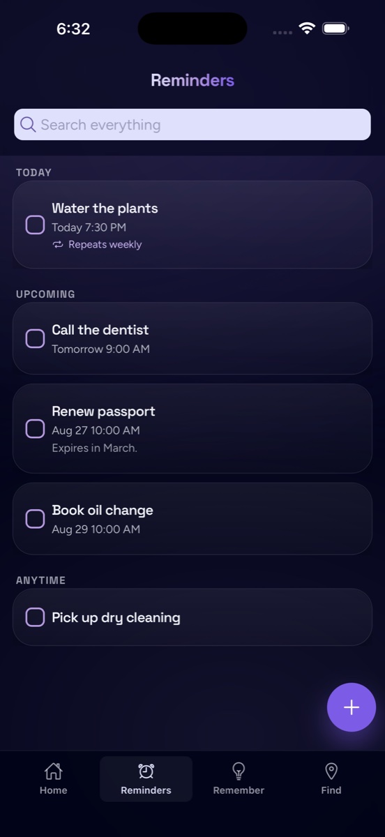 The Reminders screen: to-dos grouped by Today, Upcoming, and Anytime, like watering the plants weekly and calling the dentist tomorrow
